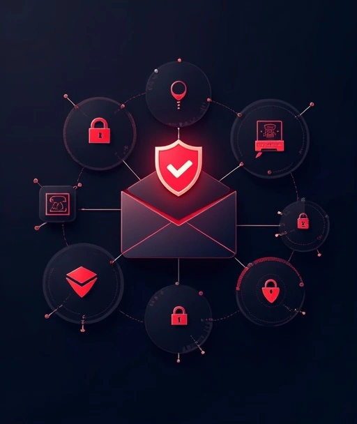 Cybersecurity illustration with secure email icon, shield, hacker symbol, and digital protection elements
