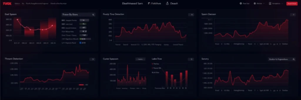 Dark-themed cybersecurity dashboard displaying spam detection, threat analysis, and email spoofing metrics with red line and bar graphs