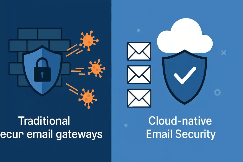 Visual comparison of cloud-native email security with AI-driven protection versus traditional secure email gateways with outdated servers
