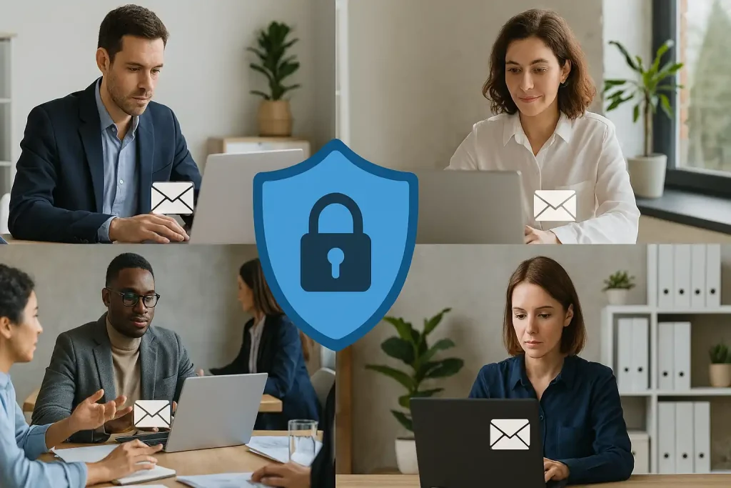 Diverse professionals in modern offices using laptops with secure email shield icons representing spam protection