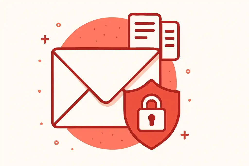 Red-themed secure email icon with shield and lock symbol for data protection compliance