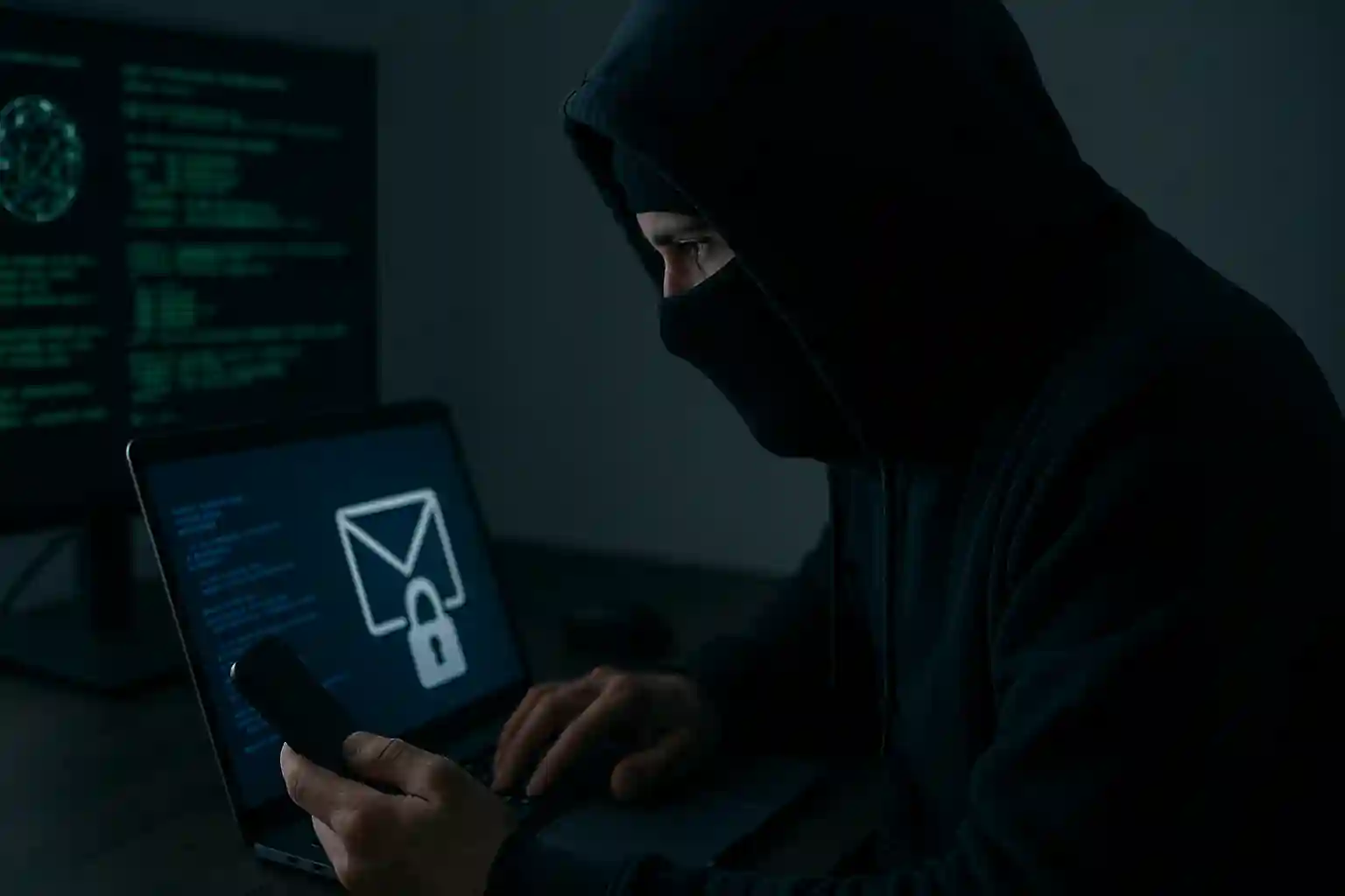 Hacker silhouette bypassing multi-factor authentication and email security with glowing digital locks and code flow