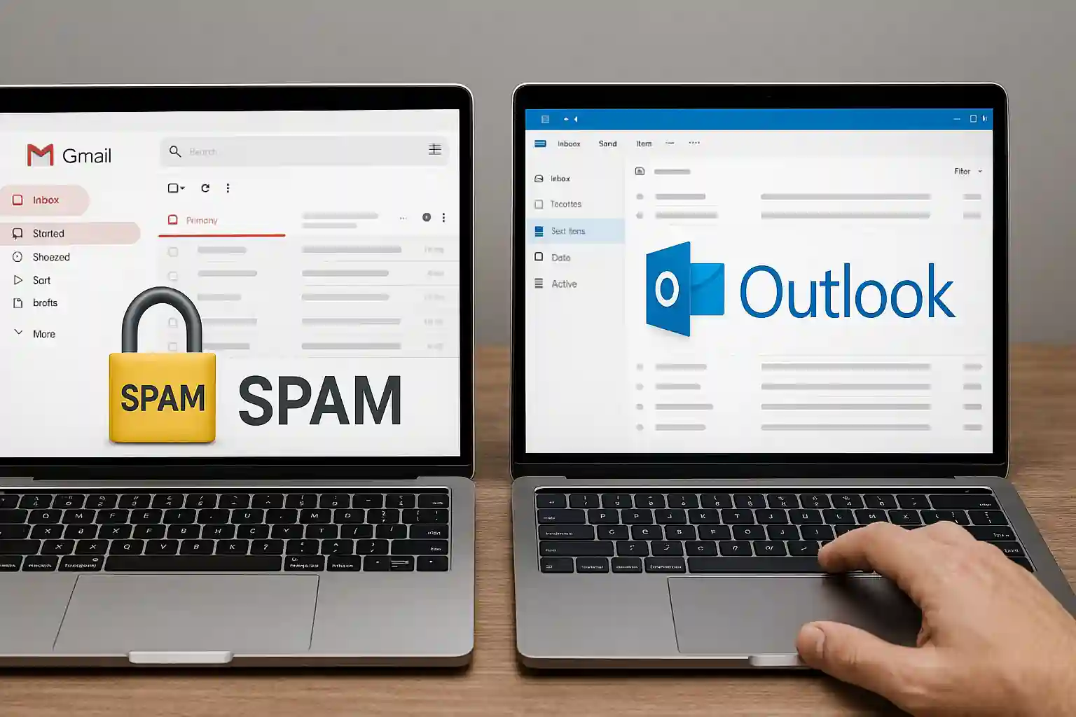 Split-screen comparison of Gmail and Microsoft Outlook spam filters on laptops, showcasing email security.