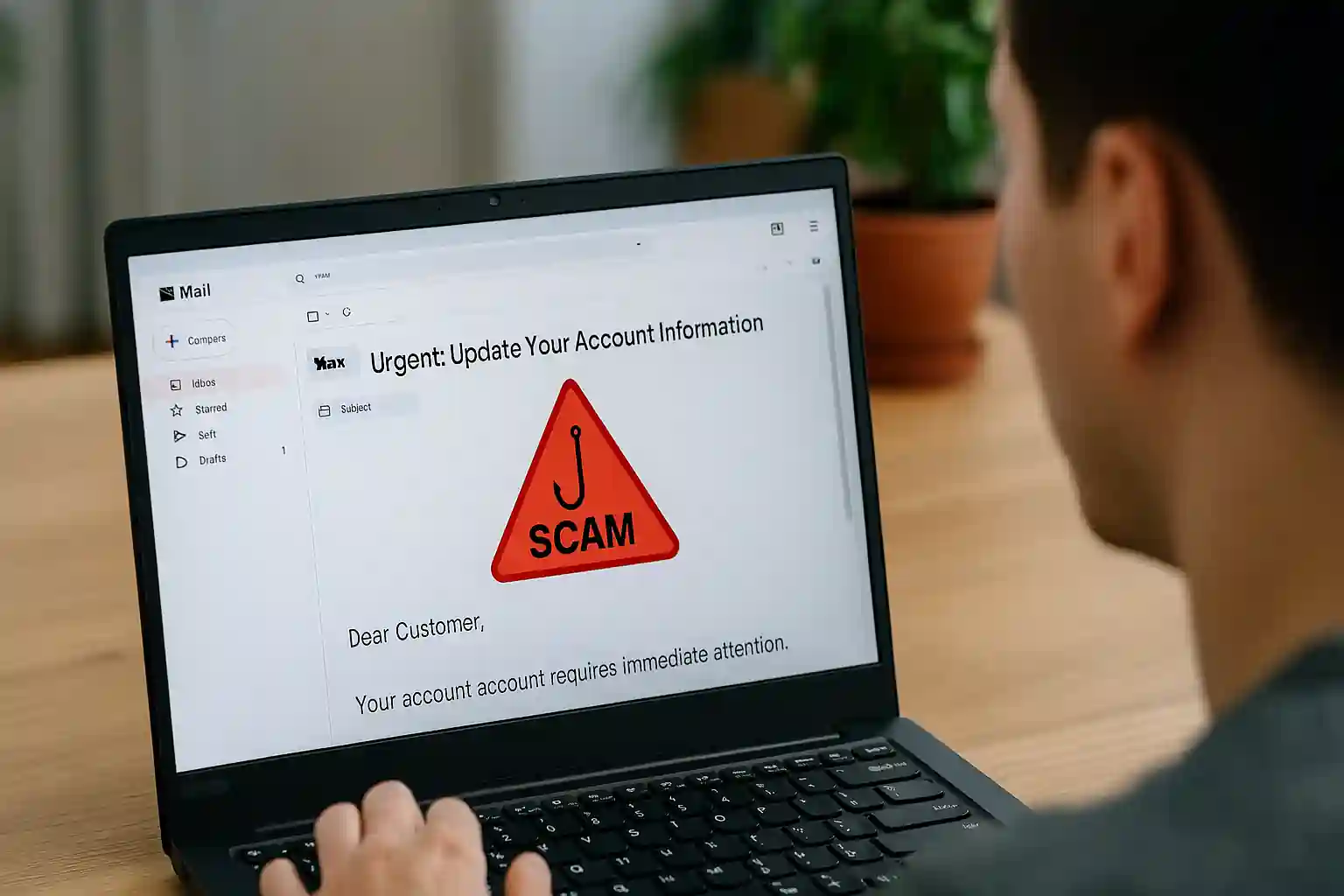 Suspicious phishing email highlighted on laptop screen with cybersecurity warning symbols