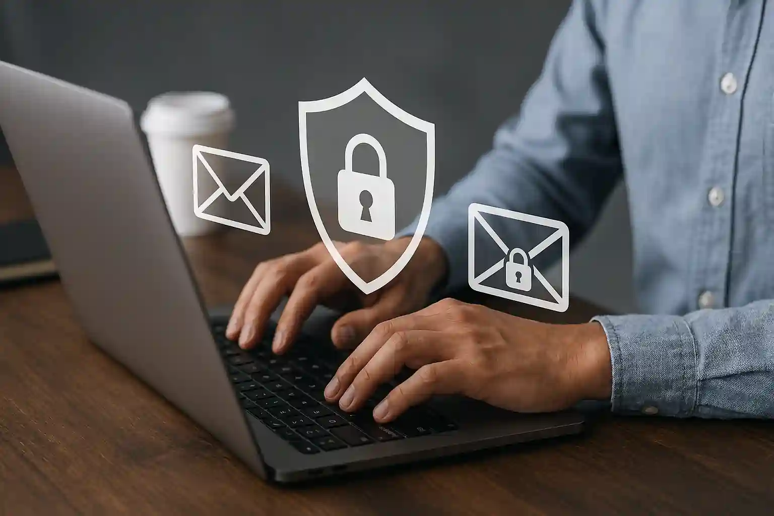 Secure email practices for small business cybersecurity with laptop and digital shield icon