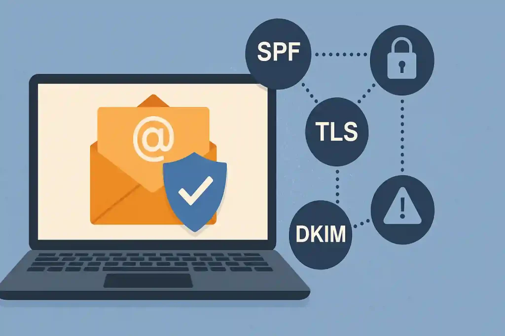 Secure email communication illustration with shield, lock, and network protocols (SPF, DKIM, DMARC, TLS)