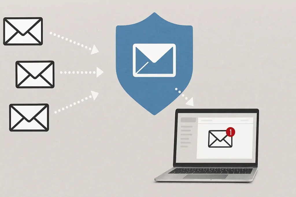 Realistic office scene with shield icon filtering emails, symbolizing preventive spam protection and productivity.