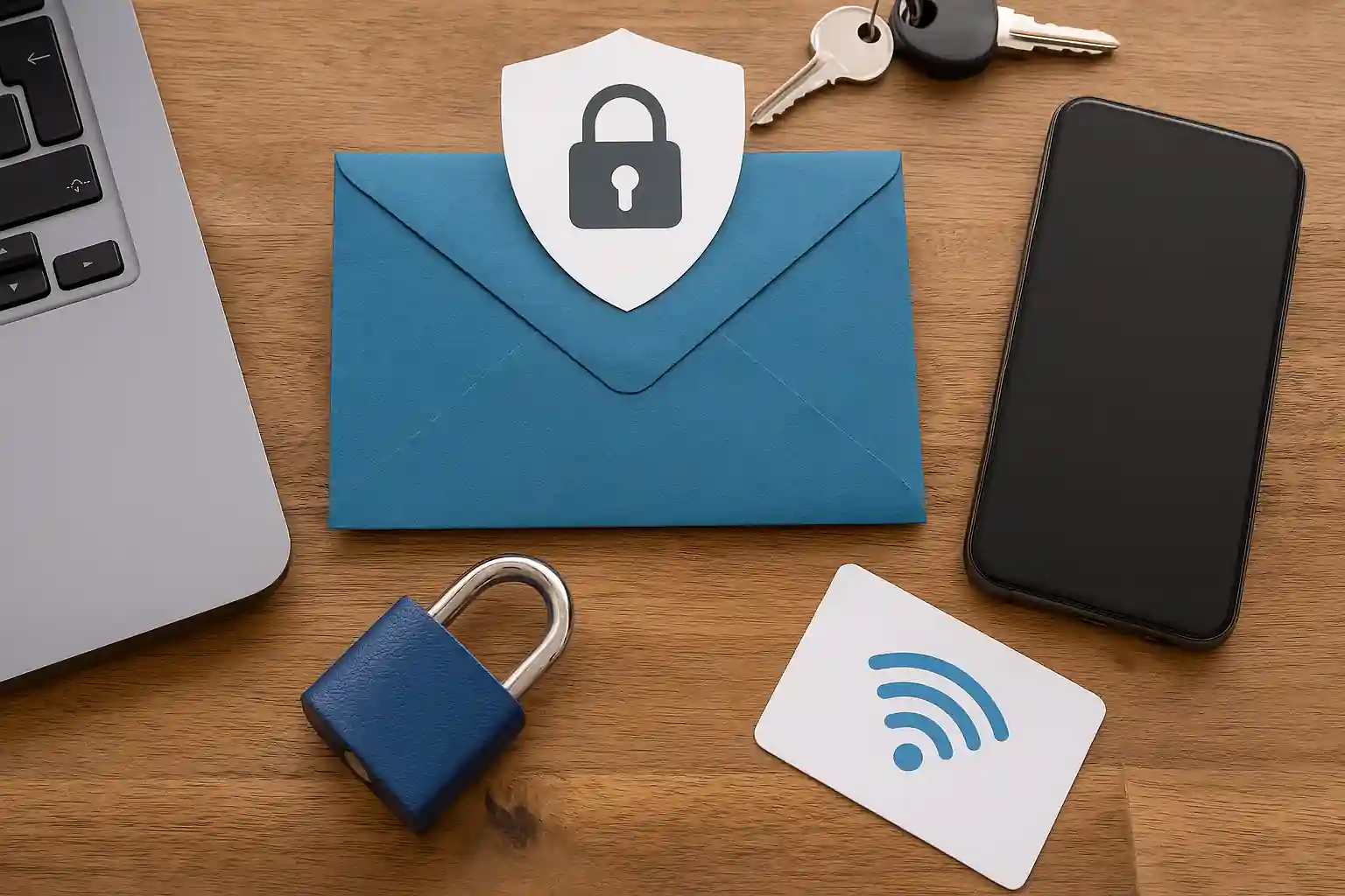 Modern business office with laptops, padlocks, shield icons, and secure email visuals representing email security best practices