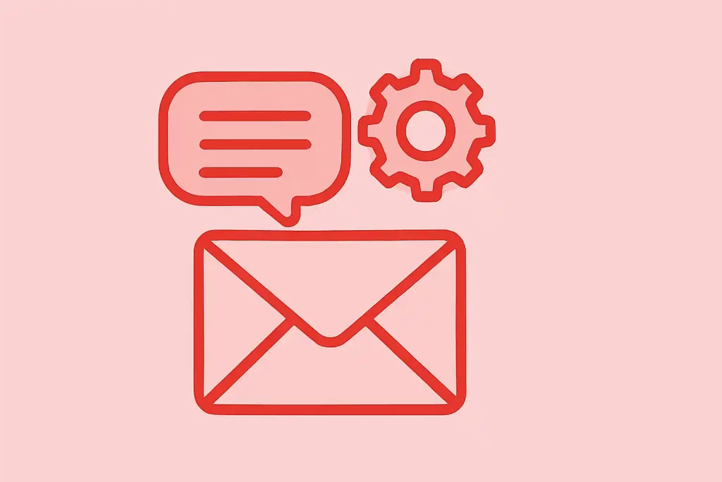Red email communication icon with envelope, speech bubble, and gear on light pink background