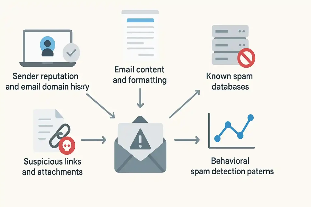 Realistic digital visualization of spam filter analyzing sender reputation, email content, suspicious links, and behavioral patterns