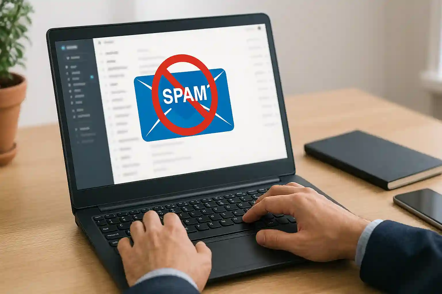 Clean business email inbox on laptop with spam protection icons reducing junk mail.