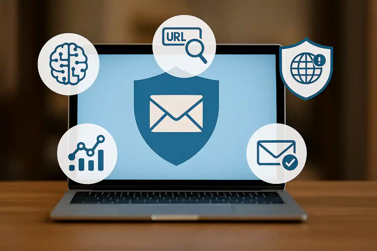 Realistic visualization of layered phishing protection with AI, scanning, spoofing detection, and automated email threat response.