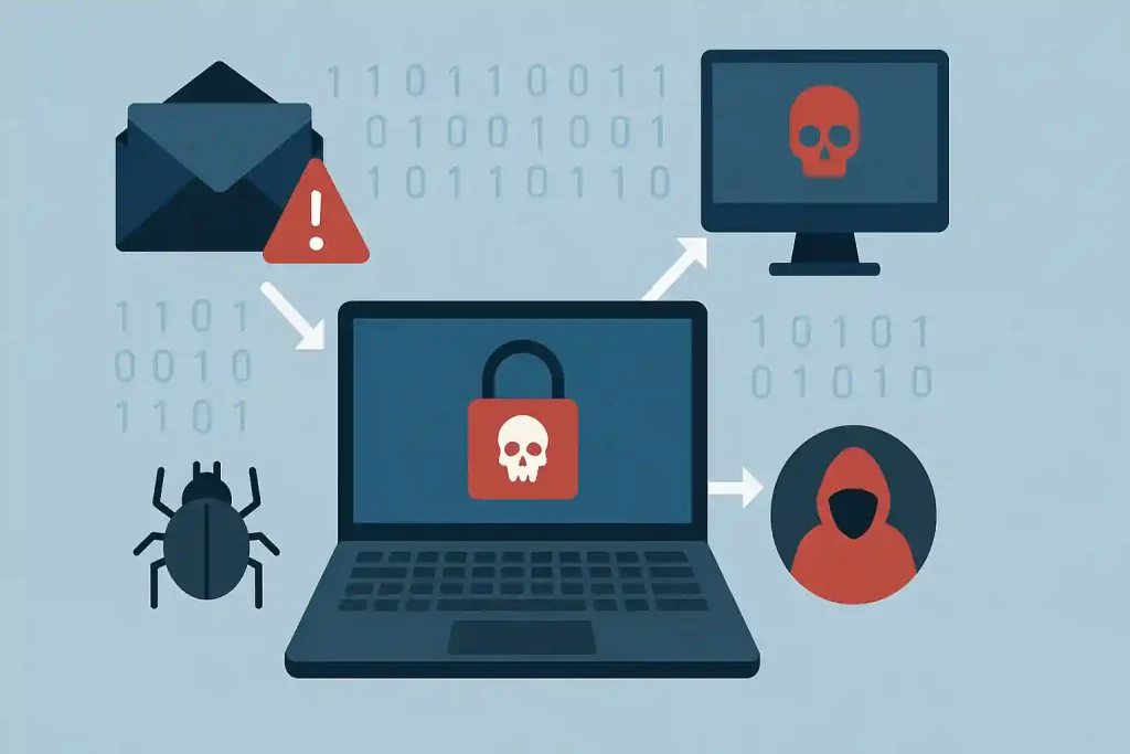 Realistic digital illustration of ransomware attack vectors showing laptop, phishing emails, malicious USBs, and cloud vulnerabilities.