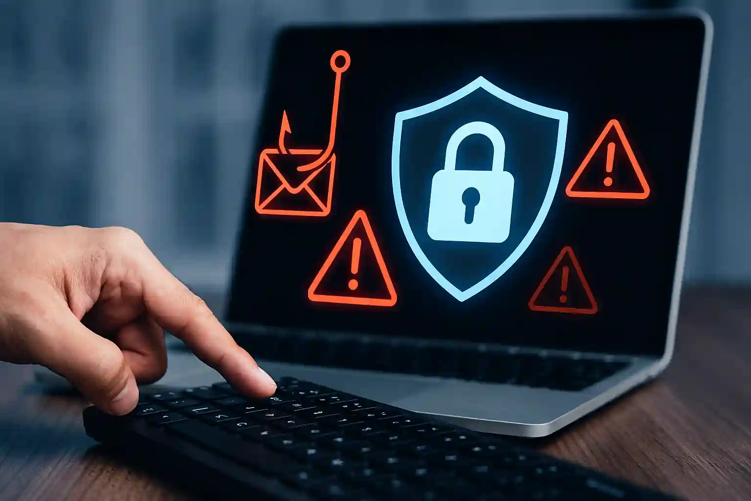 Shield glowing in front of laptop, symbolizing protection against phishing, ransomware, and malware threats.