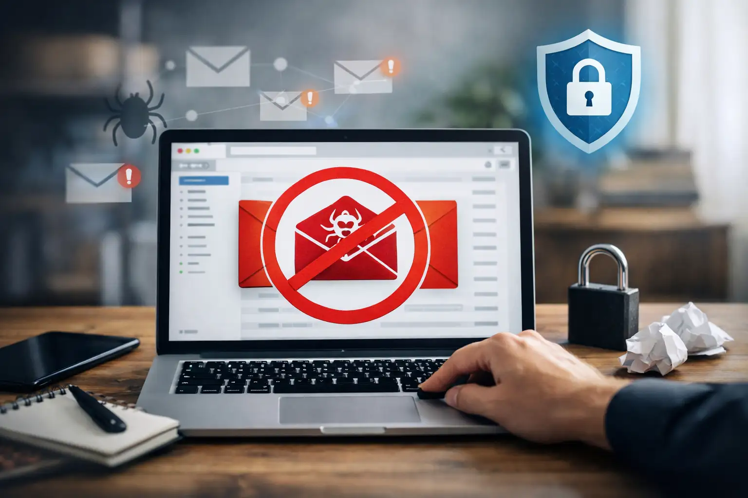 Laptop showing blocked spam email with security shield and lock, representing permanent email spam protection and inbox security
