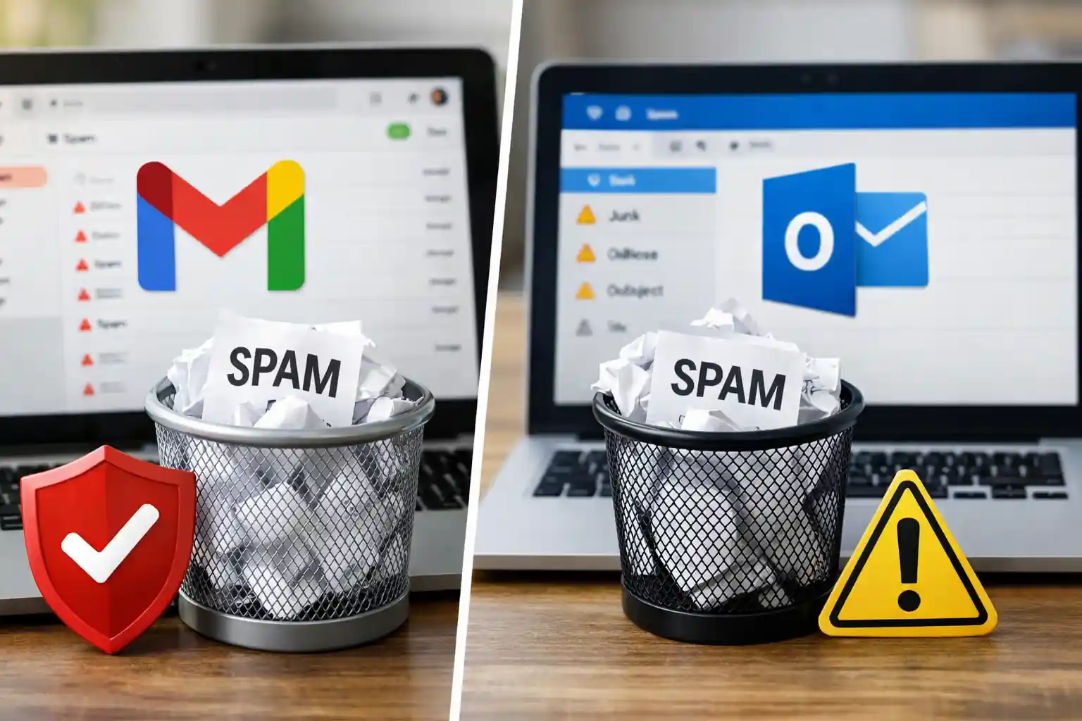 Comparison of Gmail and Microsoft Outlook spam filters showing spam folders, trash bins with spam emails, and security icons representing email protection.