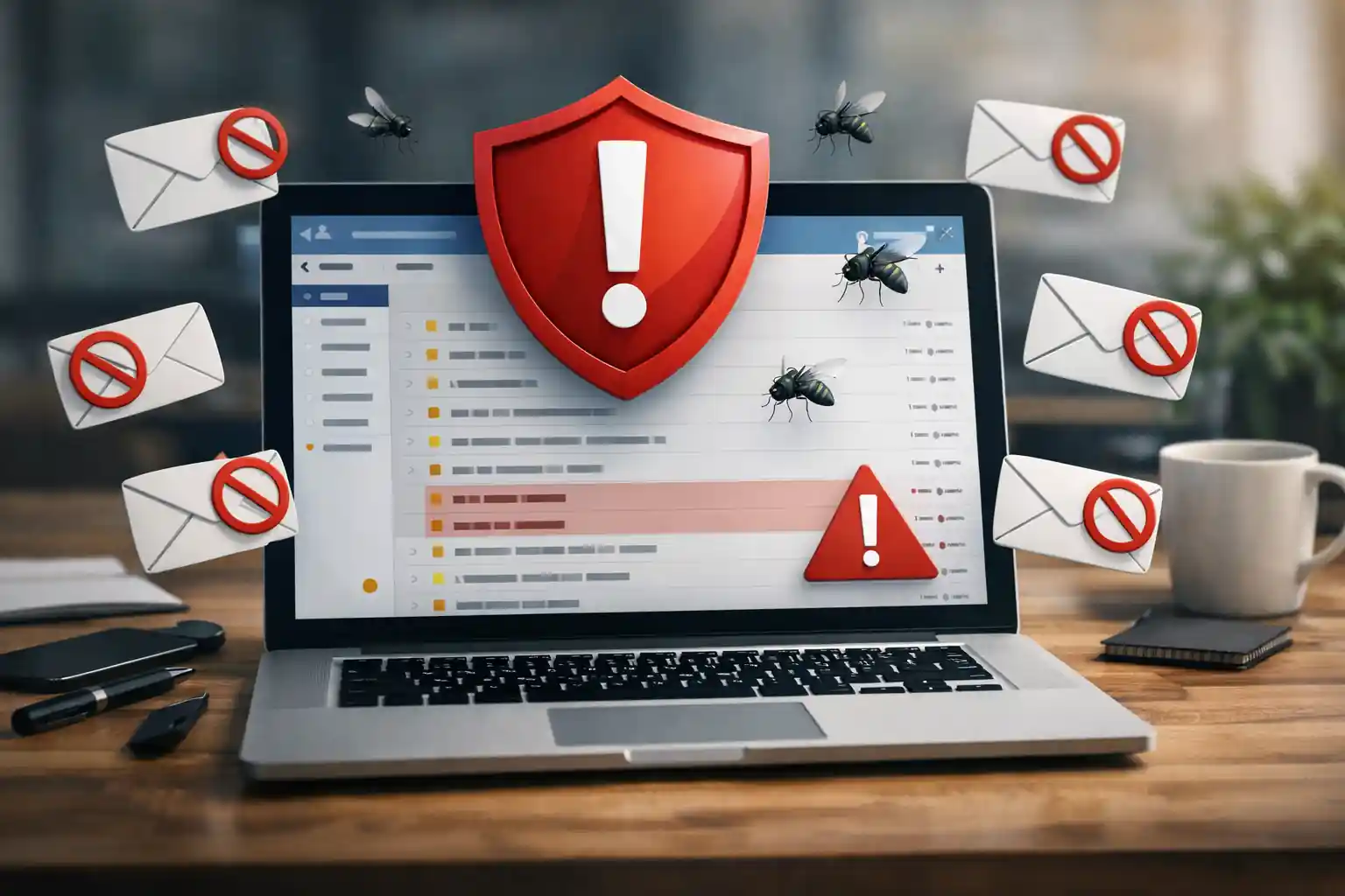 Business laptop displaying spam email inbox with red security shield and blocked messages illustrating spam filter and spam protection for cybersecurity.