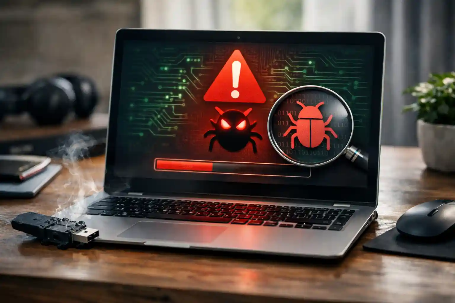 Laptop displaying malware warning with virus icon and antivirus scan process on Windows computer, showing virus removal and cybersecurity protection concept