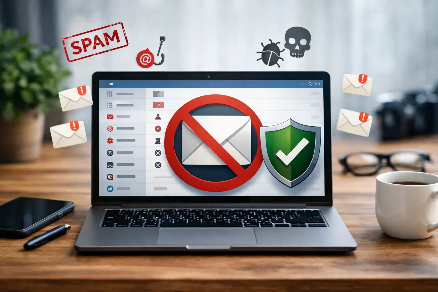 Laptop displaying blocked spam emails with security shield, illustrating how to stop unwanted emails, spam, and junk messages effectively