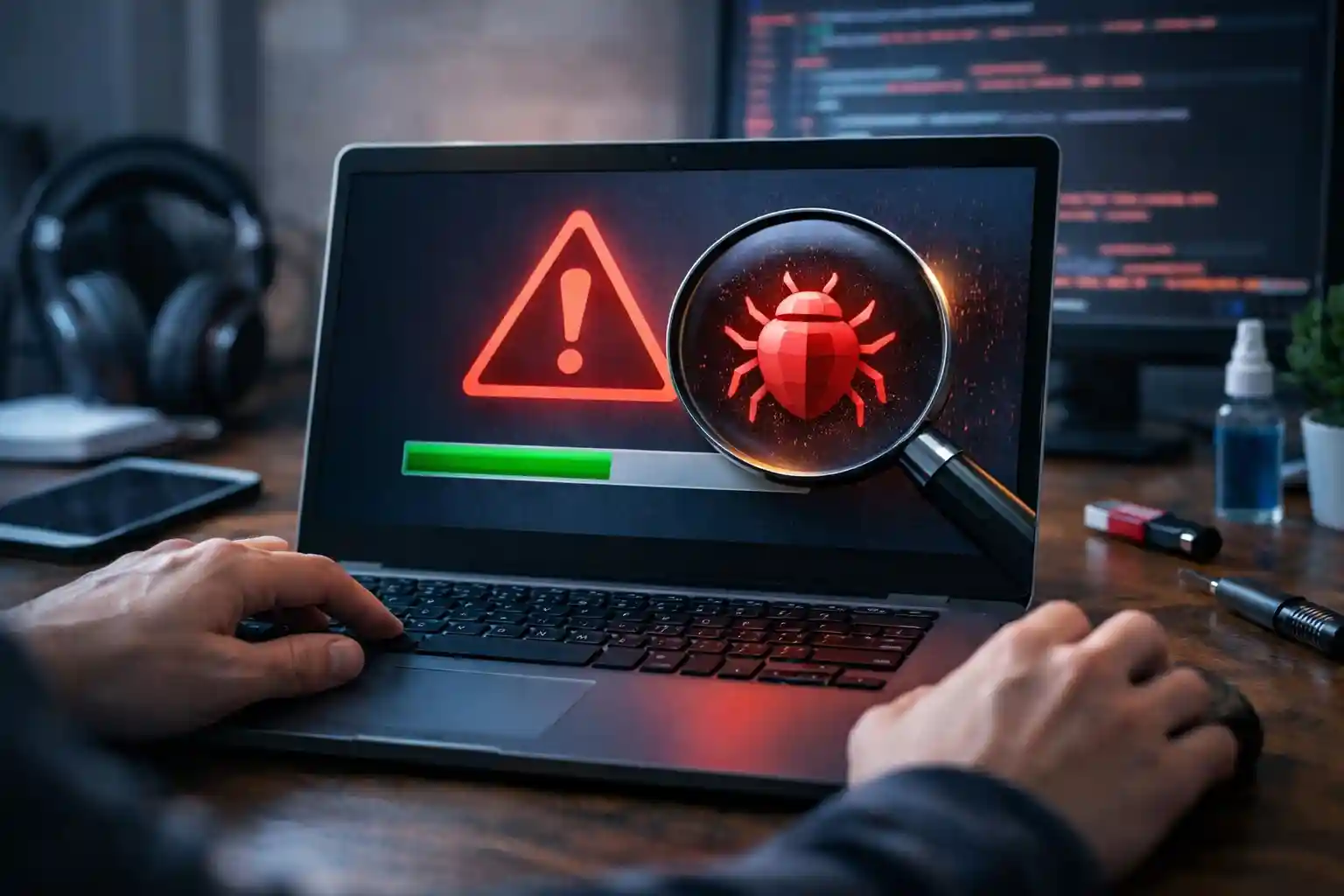 Step-by-step malware removal process on laptop showing virus warning alert and antivirus scan progress bar for safe virus uninstall guide