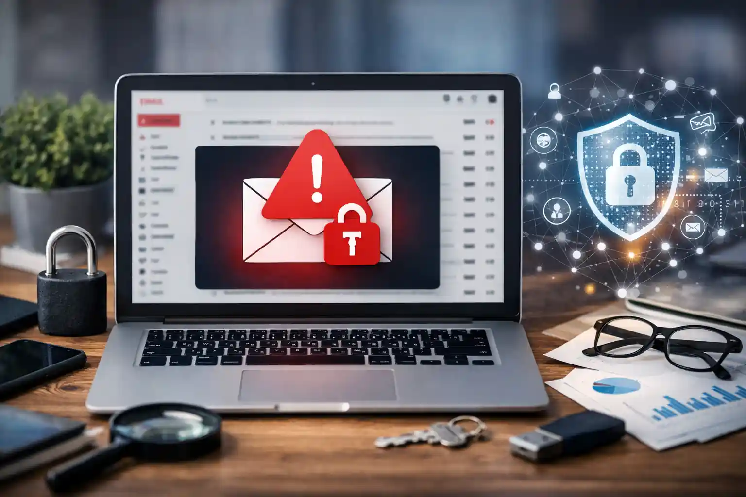 Email security best practices concept showing laptop with phishing warning, padlock, and cybersecurity protection for small business office environment