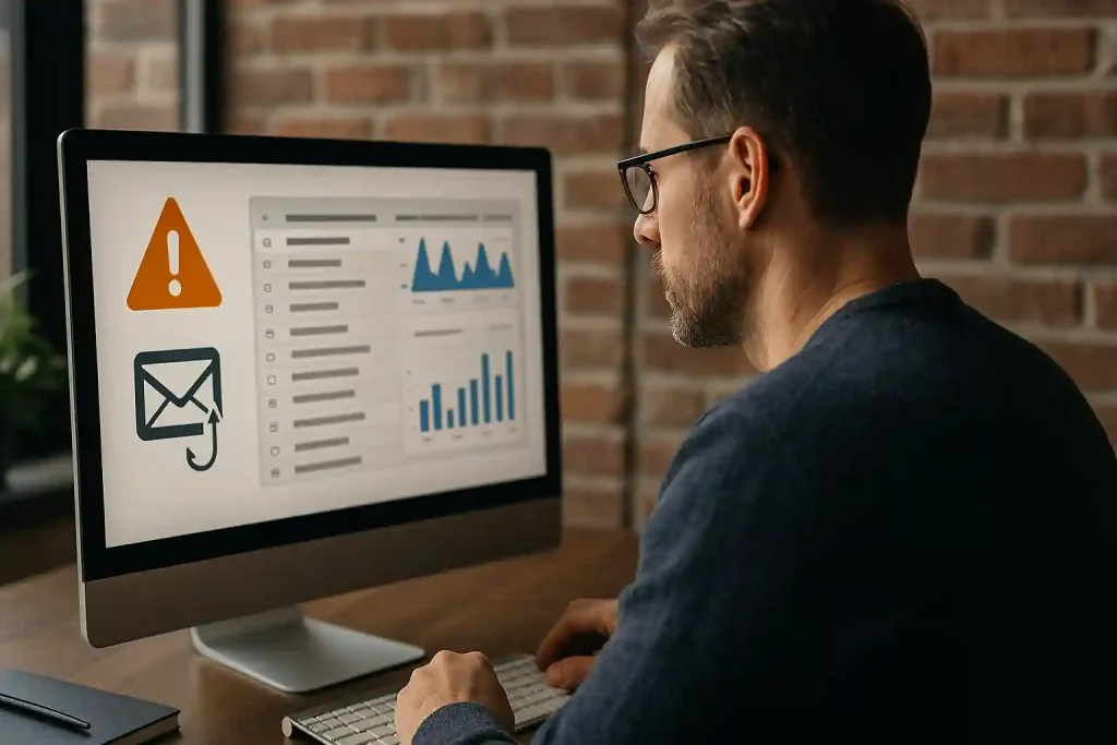 Cybersecurity expert analyzing suspicious email behavior patterns on computer screens in a modern office