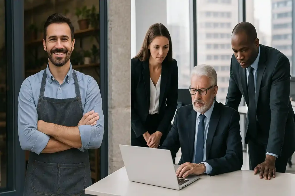 Realistic business comparison showing SMEs with small team collaboration and large enterprises in modern corporate office setting