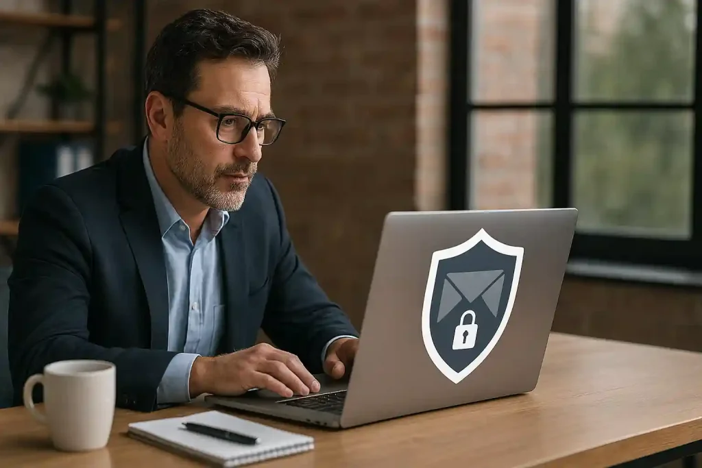Secure email gateway concept with laptop, shield, and lock icons protecting inbox from phishing and spam in a modern office setting
