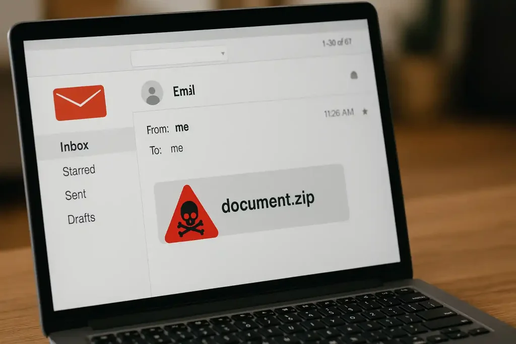 Realistic laptop screen showing suspicious email with infected attachment warning icon