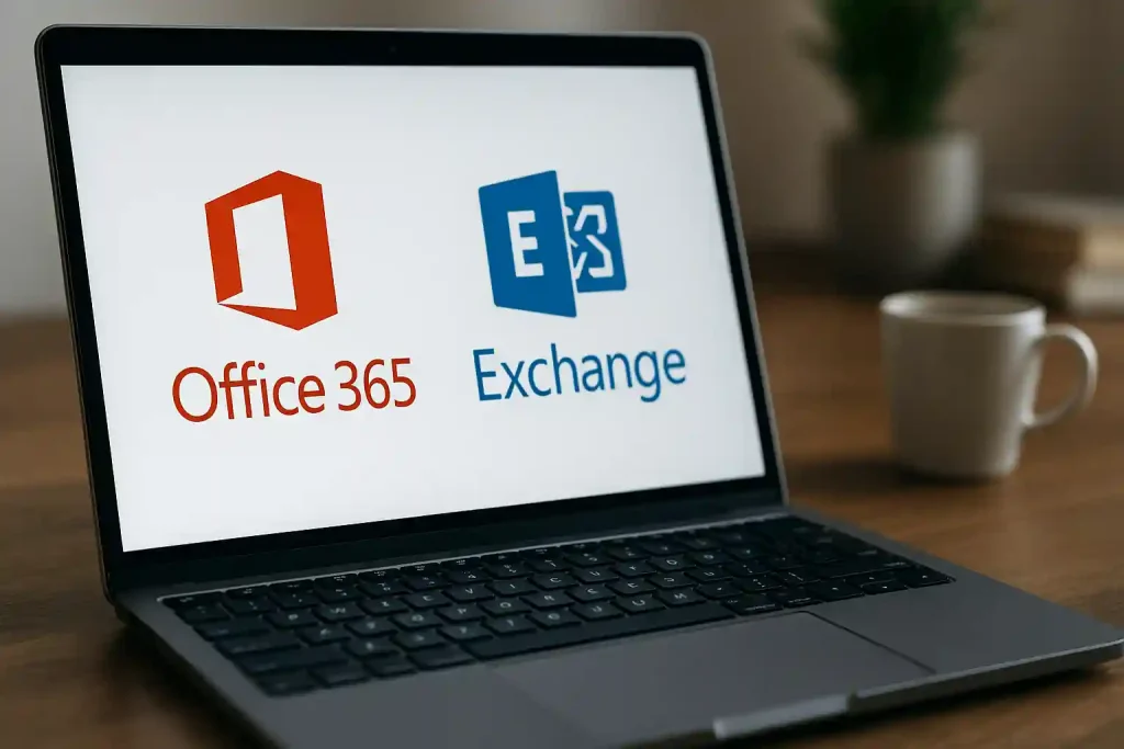 Modern office setup with laptop and cloud icons representing Microsoft Office 365 and Exchange Online deployments