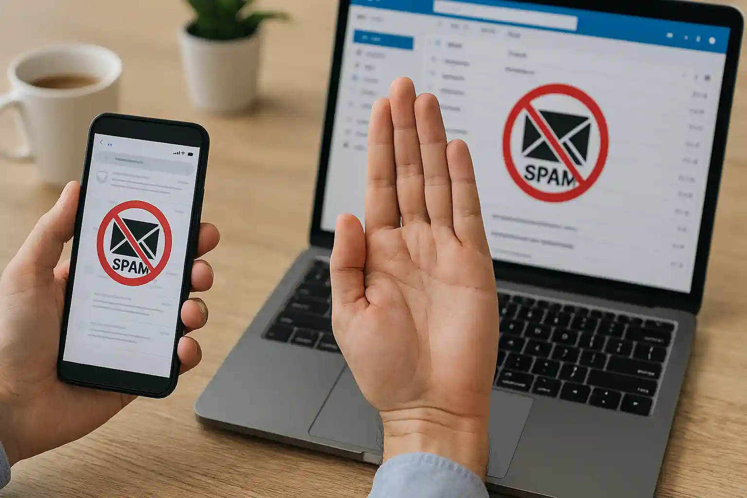 Person blocking spam emails on laptop and smartphone in a modern workspace, symbolizing Gmail and Outlook junk email protection.