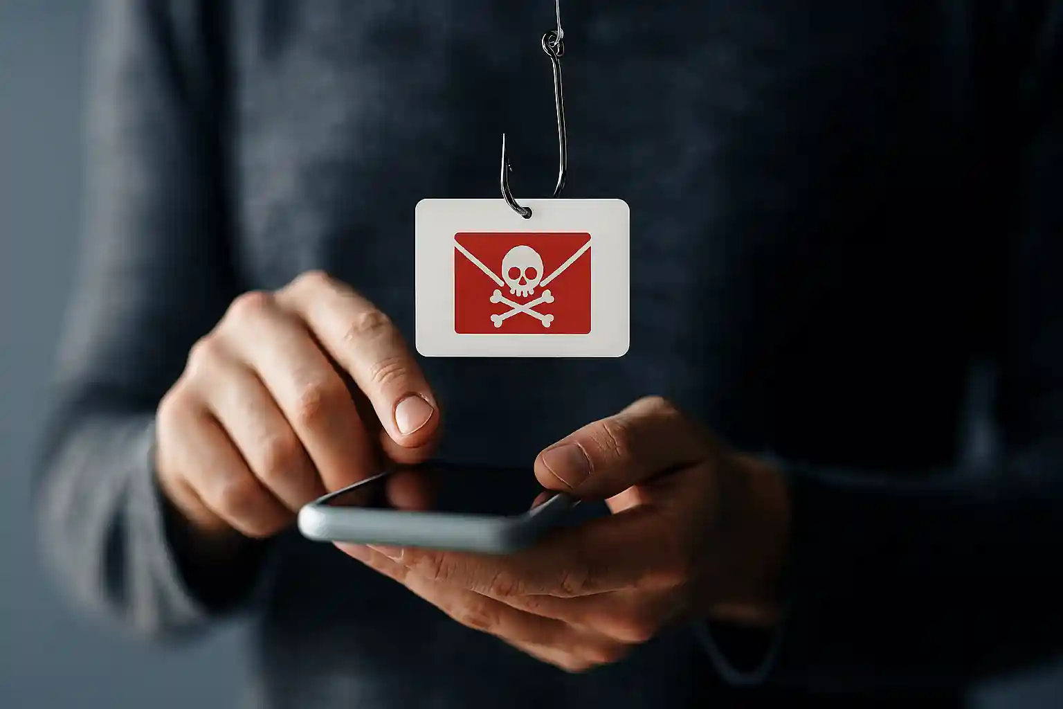 Realistic phishing attack concept showing a smartphone hooked by a fishing line with a phishing alert icon.