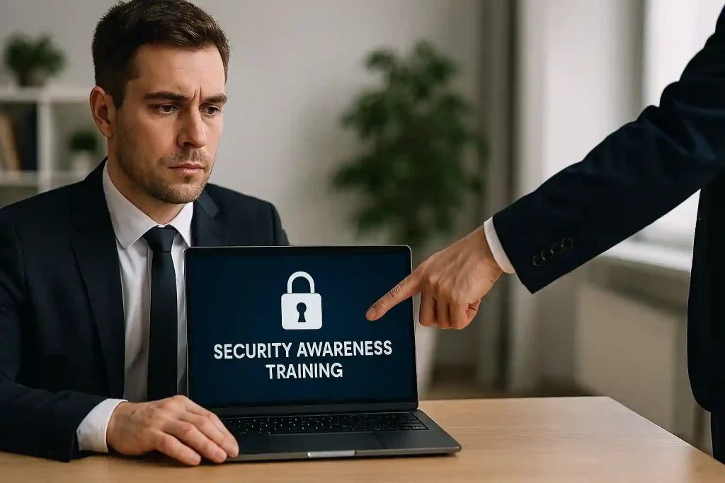 Employees engaged in cybersecurity awareness training session with professional guidance in a modern office setting