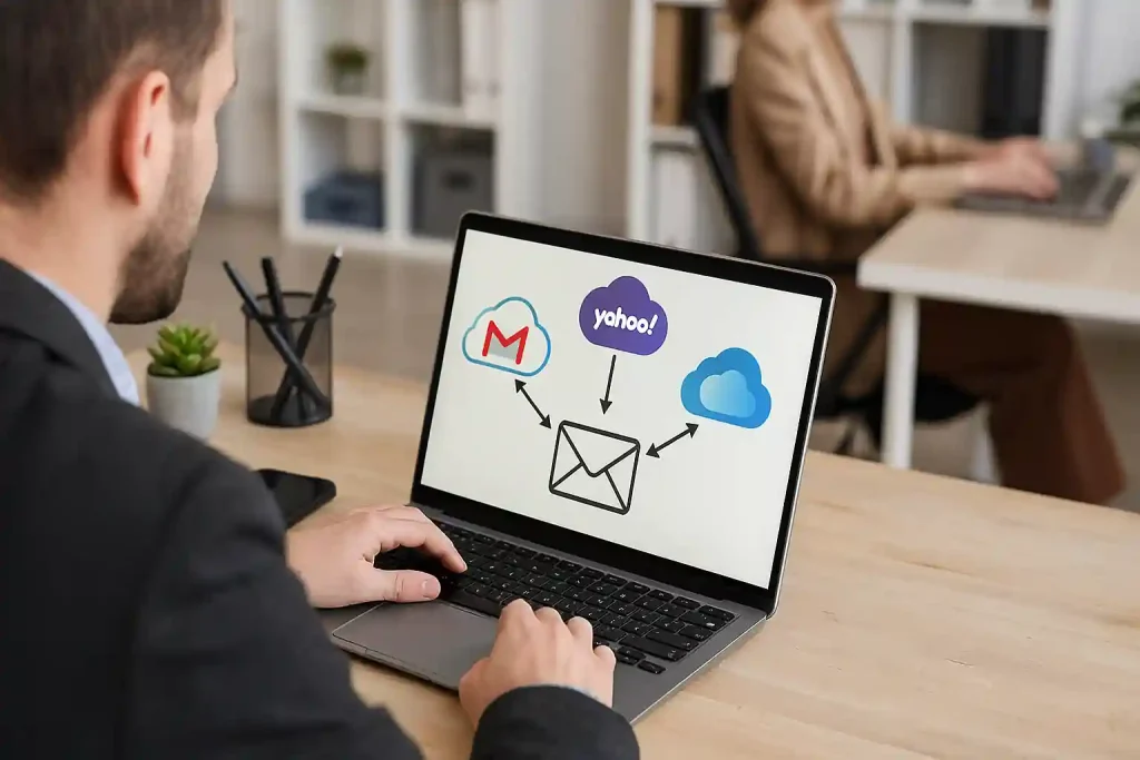 Realistic office scene with IT professionals managing multiple email providers like Gmail, Outlook, Yahoo, and iCloud on connected laptop screens.