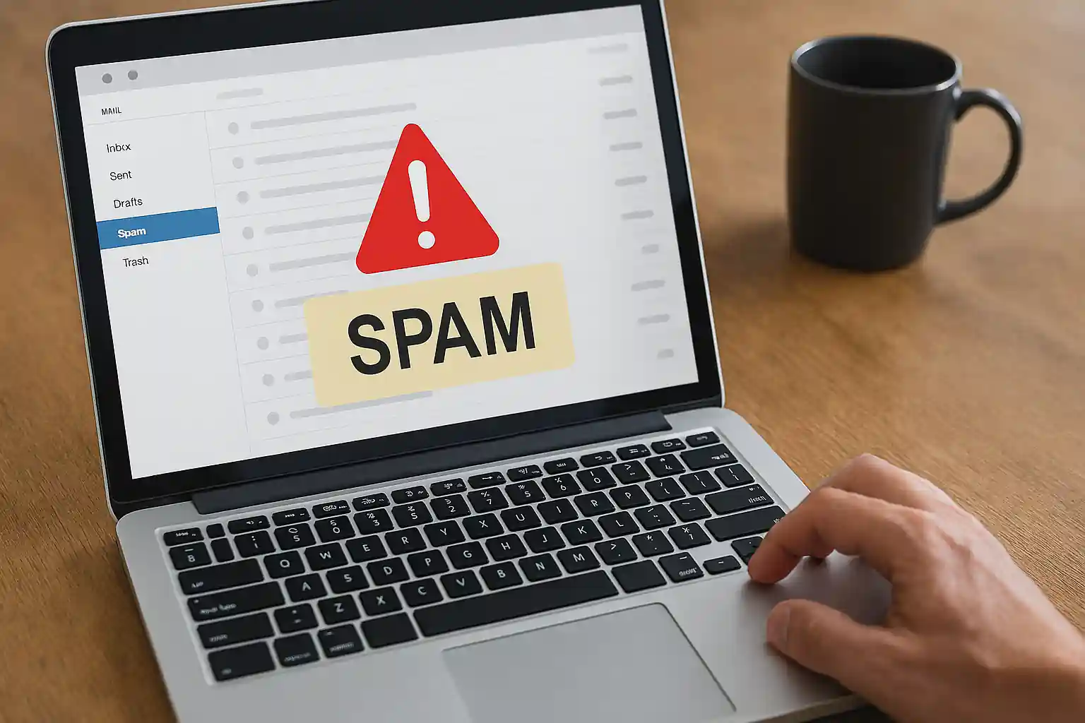 Laptop inbox showing spam warning icon, illustrating fast spam email removal strategies for 2026.