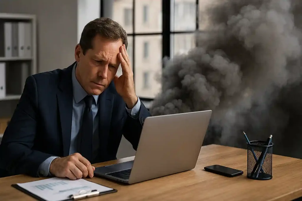 Realistic office scene showing disruption to business continuity with smoke, offline servers, and stressed employees