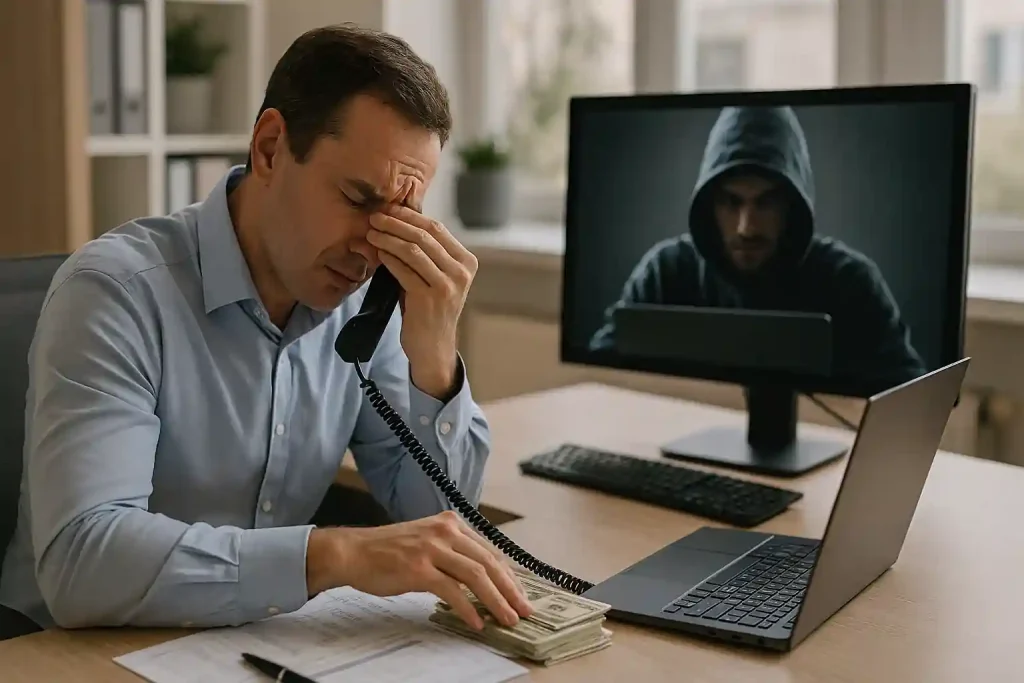 Office employee facing financial fraud attempt with hacker on computer screen during money transfer request