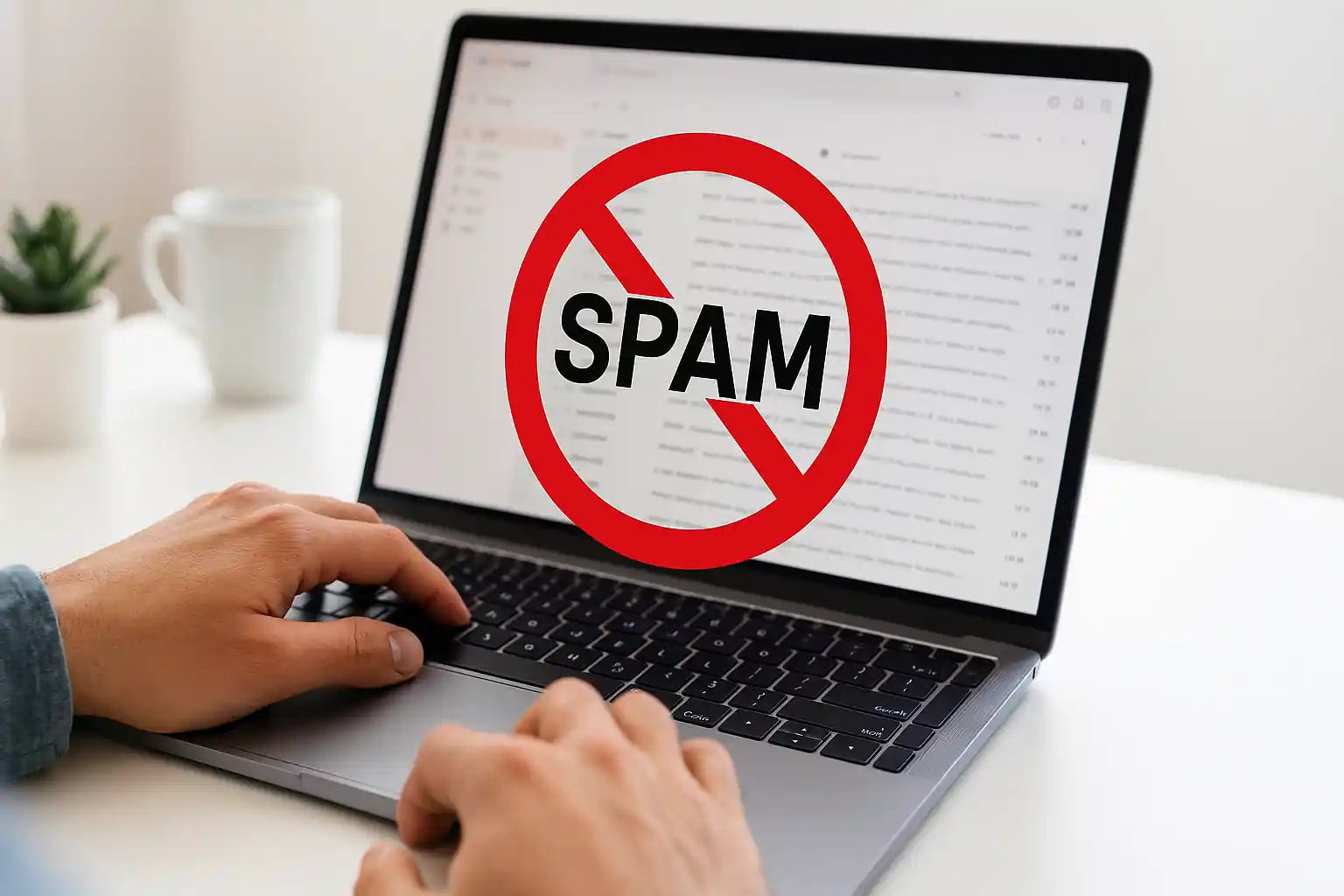 Shield blocking spam emails in a cluttered inbox, symbolizing junk email protection and a clean mailbox.