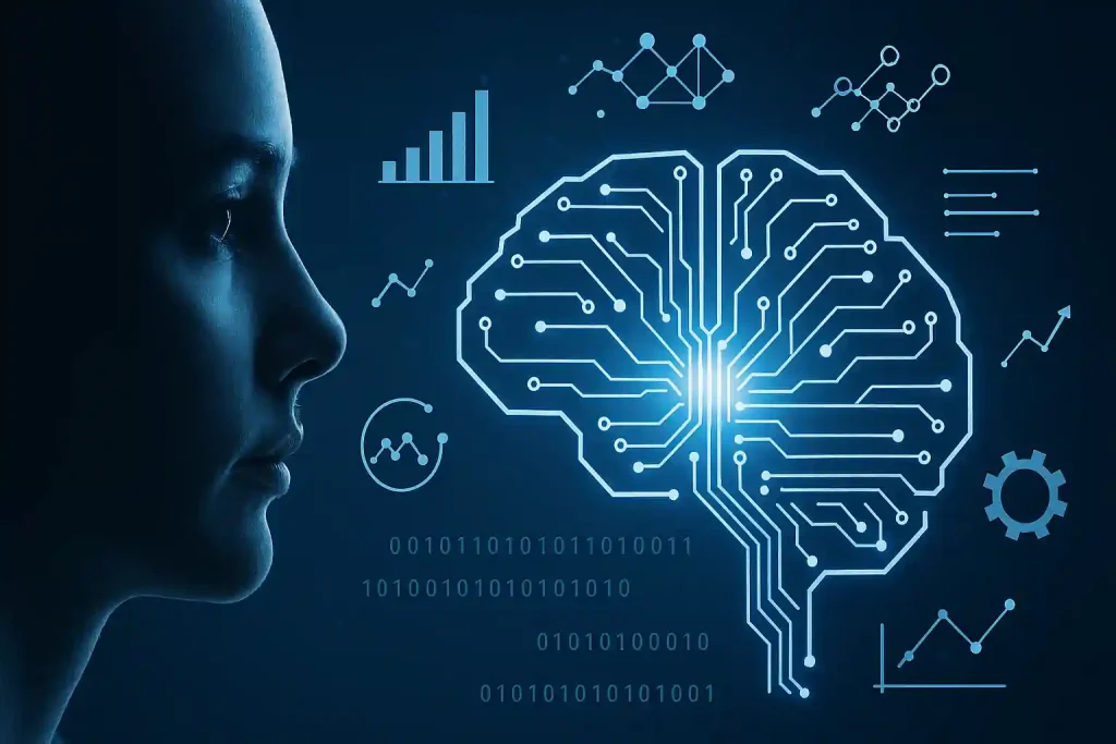 Futuristic digital brain with glowing circuits and holographic data streams symbolizing advanced machine learning features