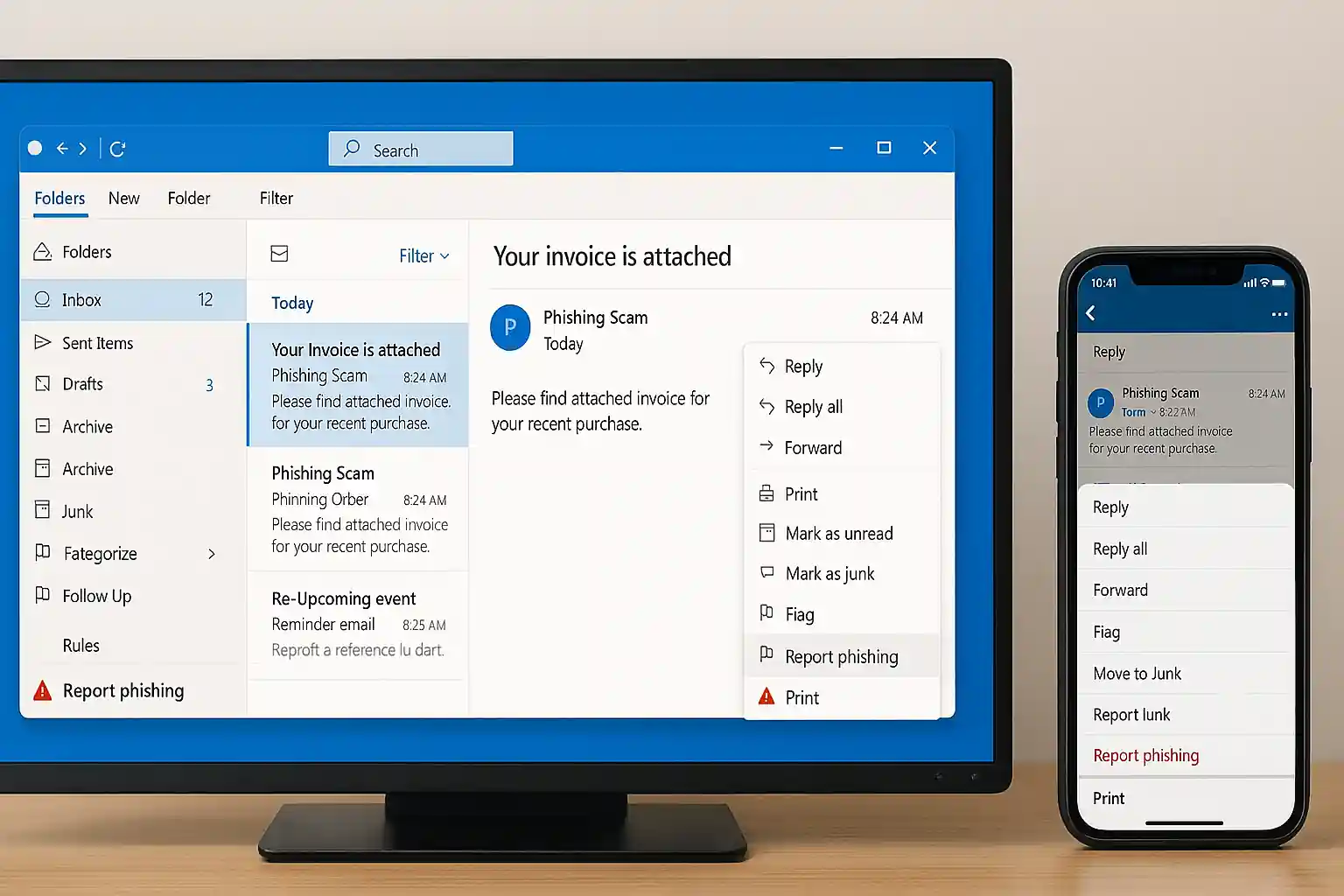 Reporting phishing emails in Microsoft Outlook across desktop, web, and mobile devices