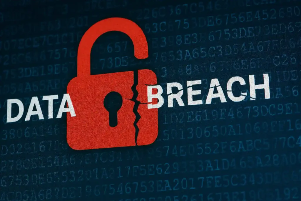 Realistic visualization of a sensitive data breach with compromised servers and leaking binary code