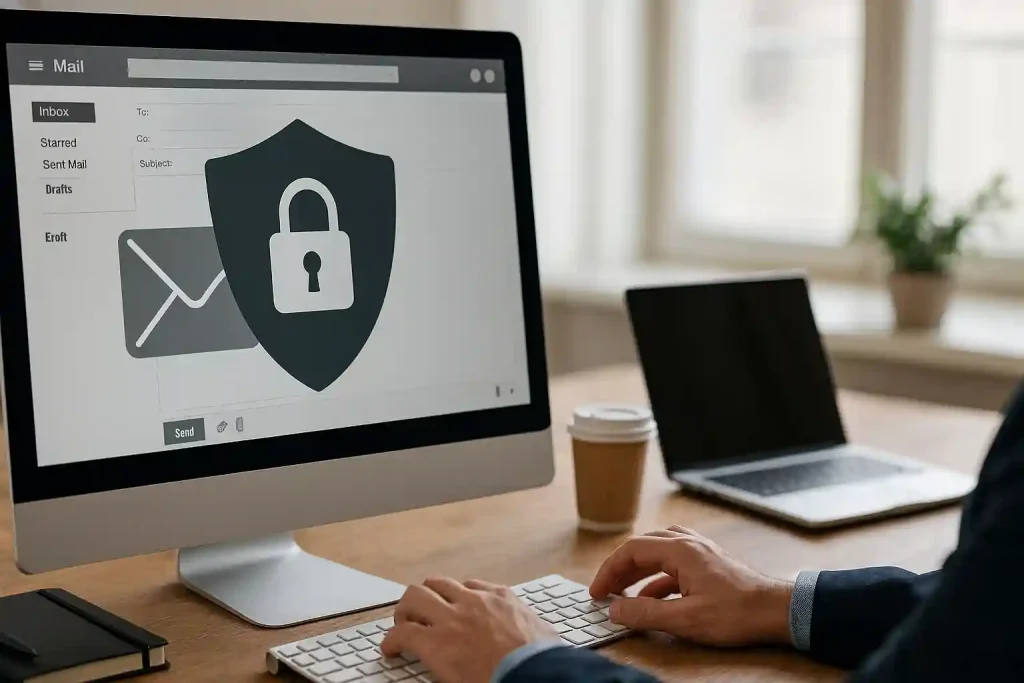 Secure office workspace with laptop showing encrypted email and shield icon symbolizing data loss prevention