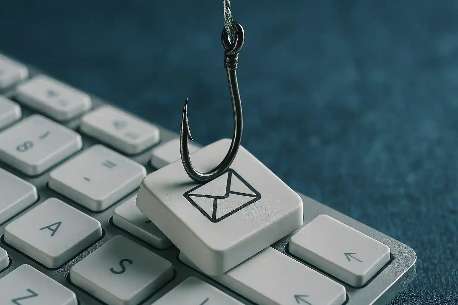 Realistic phishing scam concept showing a fishhook piercing a keyboard email key, symbolizing online fraud and phishing attack risks.