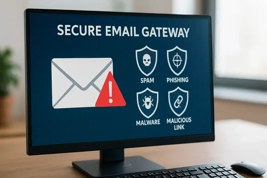 Realistic visualization of enterprise email security best practices showing a secure email gateway with layered shields blocking spam, phishing, malware, and malicious links, monitored by enterprise security teams.