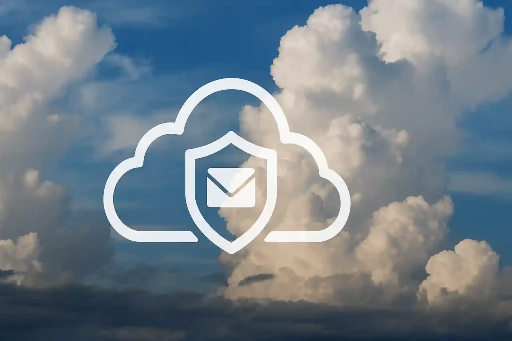 Realistic cloud-based email security illustration with shield icons protecting servers and laptops, symbolizing scalable protection