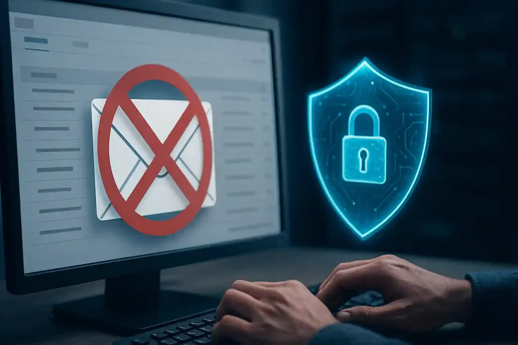 Realistic visualization of intelligent spam blocking at an email gateway with secure firewall filtering malicious emails