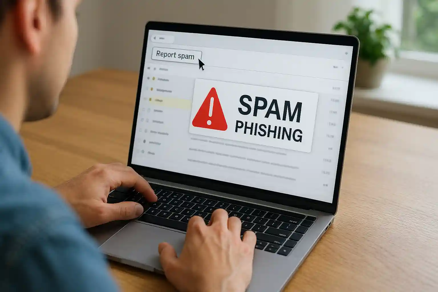 Person reporting a phishing email on a laptop with a red warning icon and highlighted “Report Spam” button in a modern workspace.