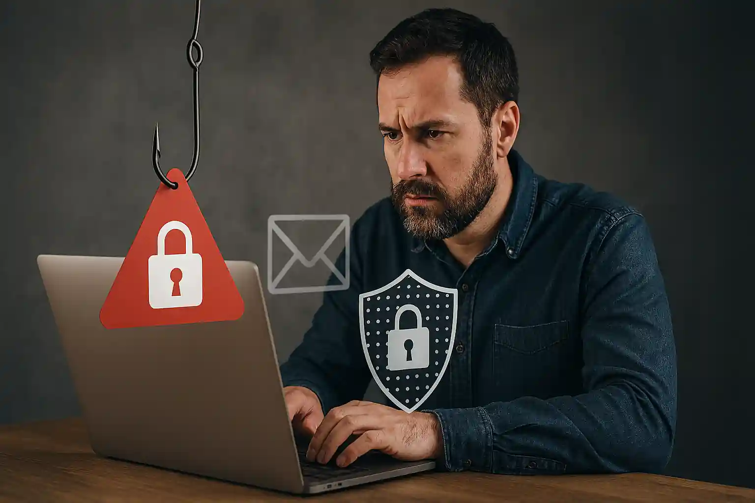 A man at a laptop confronted with phishing warning signs, including a red alert triangle, email icon, and cybersecurity shield.