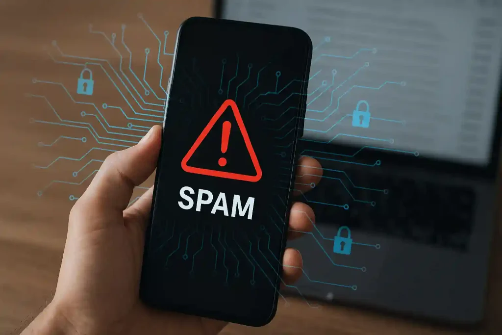 Real-time spam detection concept showing smartphone warning overlay with digital security network