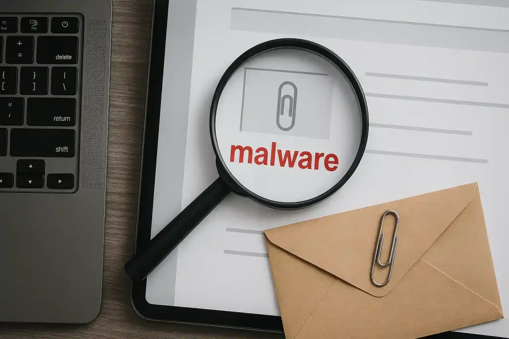 Suspicious email attachment highlighted with magnifying glass showing malware warning on laptop screen